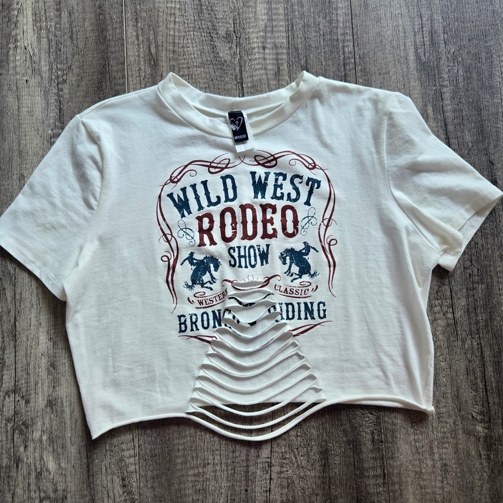 Windsor Womens Wild West Rodeo Show Shredded Graphic Crop Top White XL